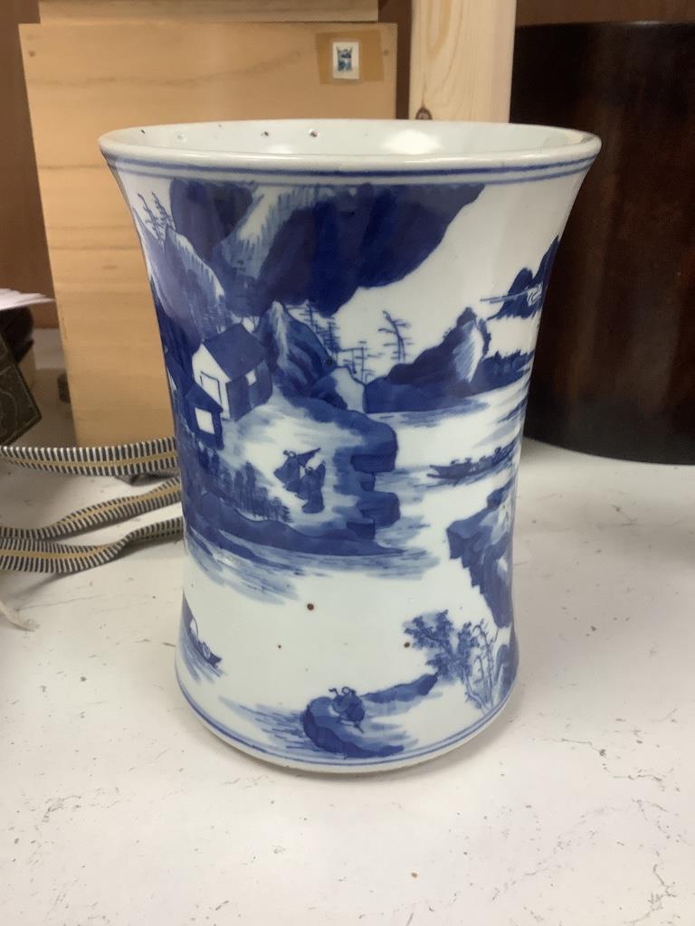 A Chinese blue and white porcelain brush pot, painted with a landscape, 17cm high, in later pine box